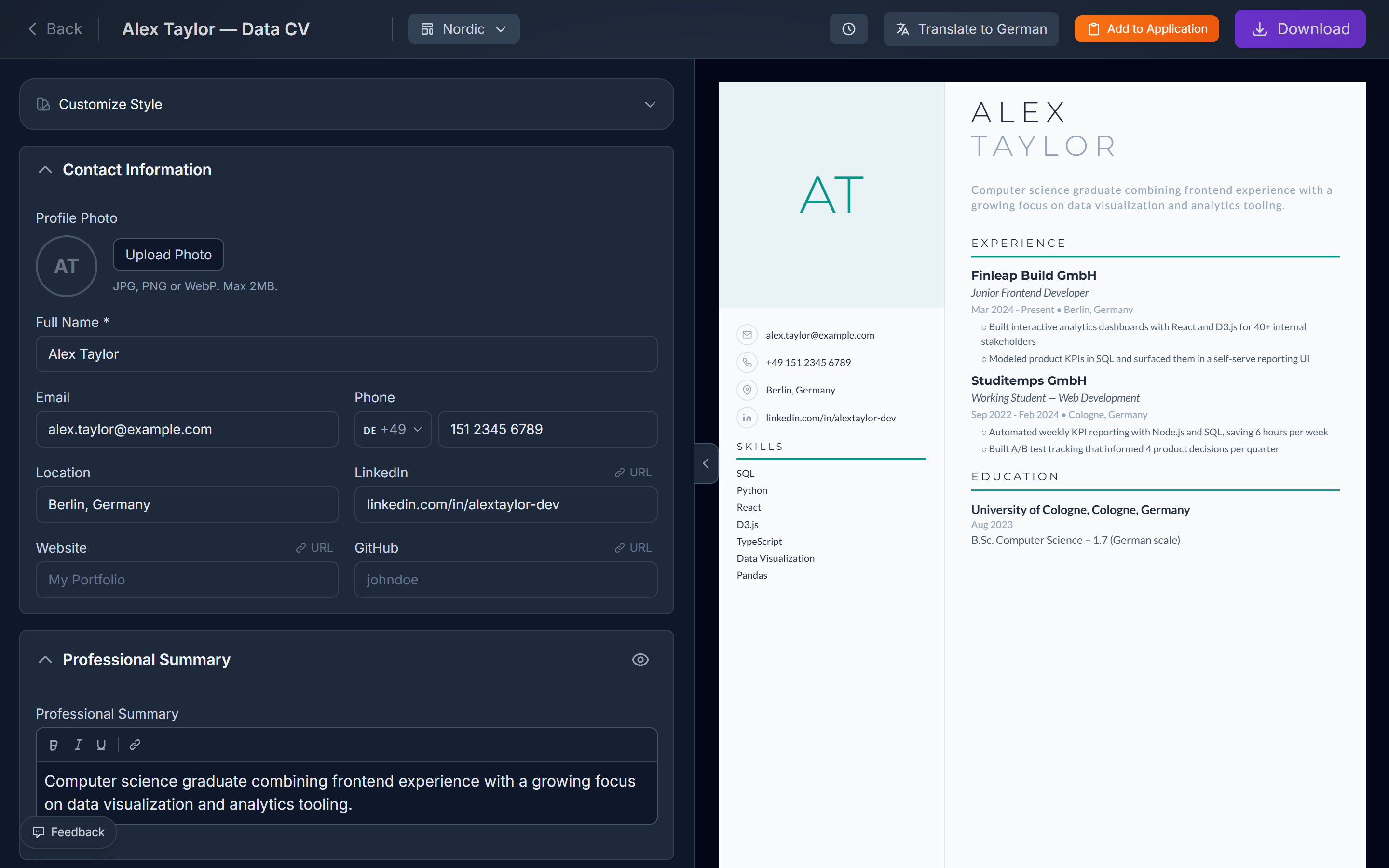 A second resume in the Bemura builder on a different template
