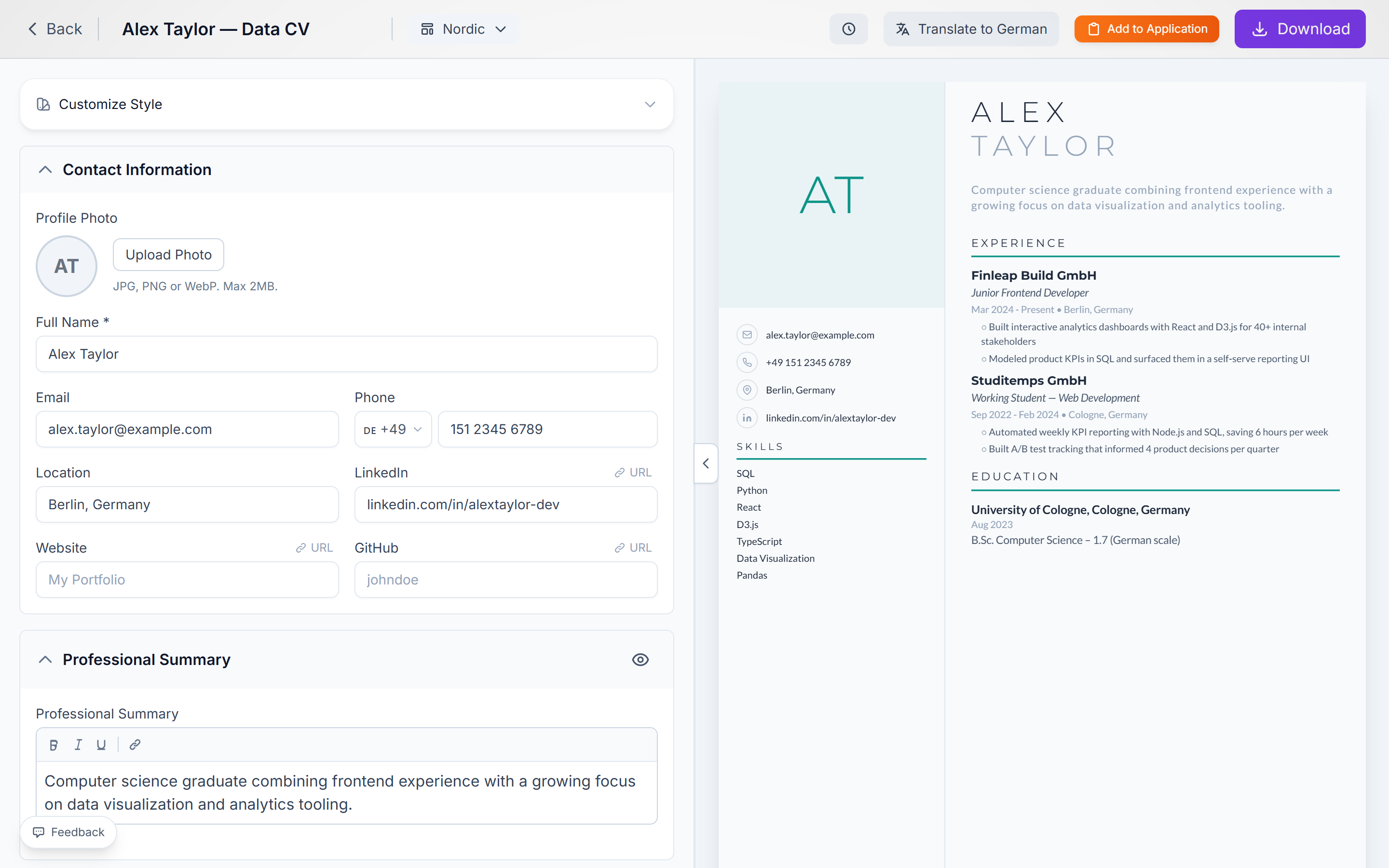 A second resume in the Bemura builder on a different template