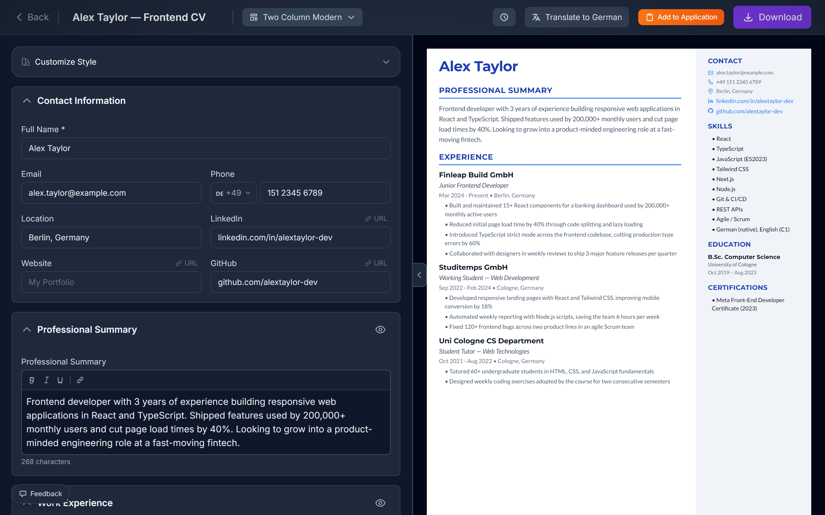 The Bemura resume builder with the editing form beside a live template preview