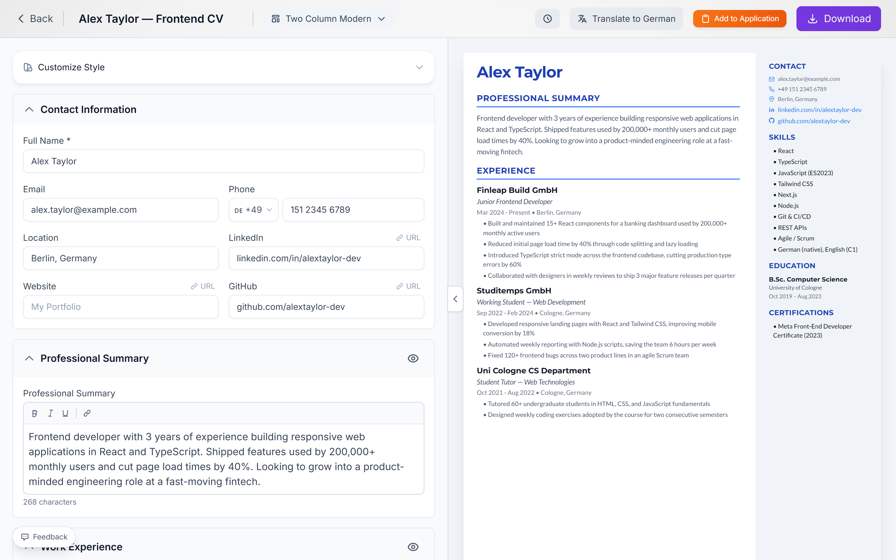 The Bemura resume builder with the editing form beside a live template preview
