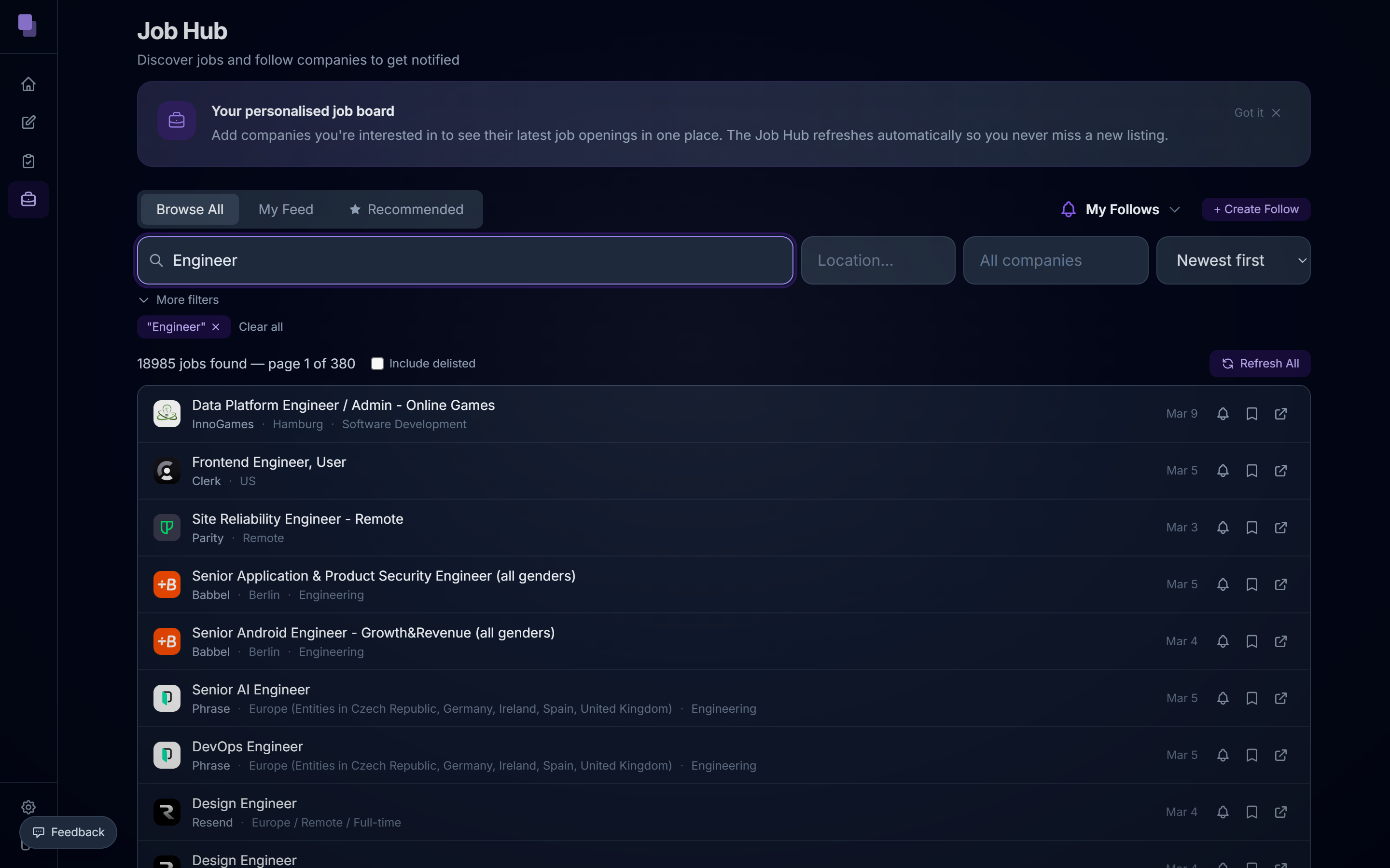 The Bemura Job Hub listing open roles from many companies with filters