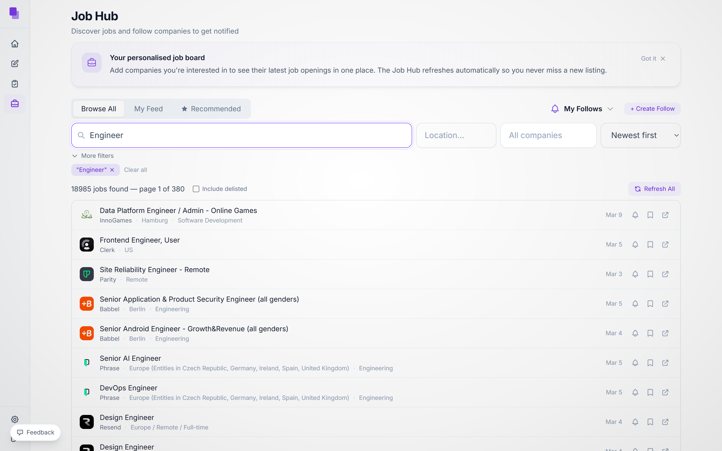 The Bemura Job Hub listing open roles from many companies with filters