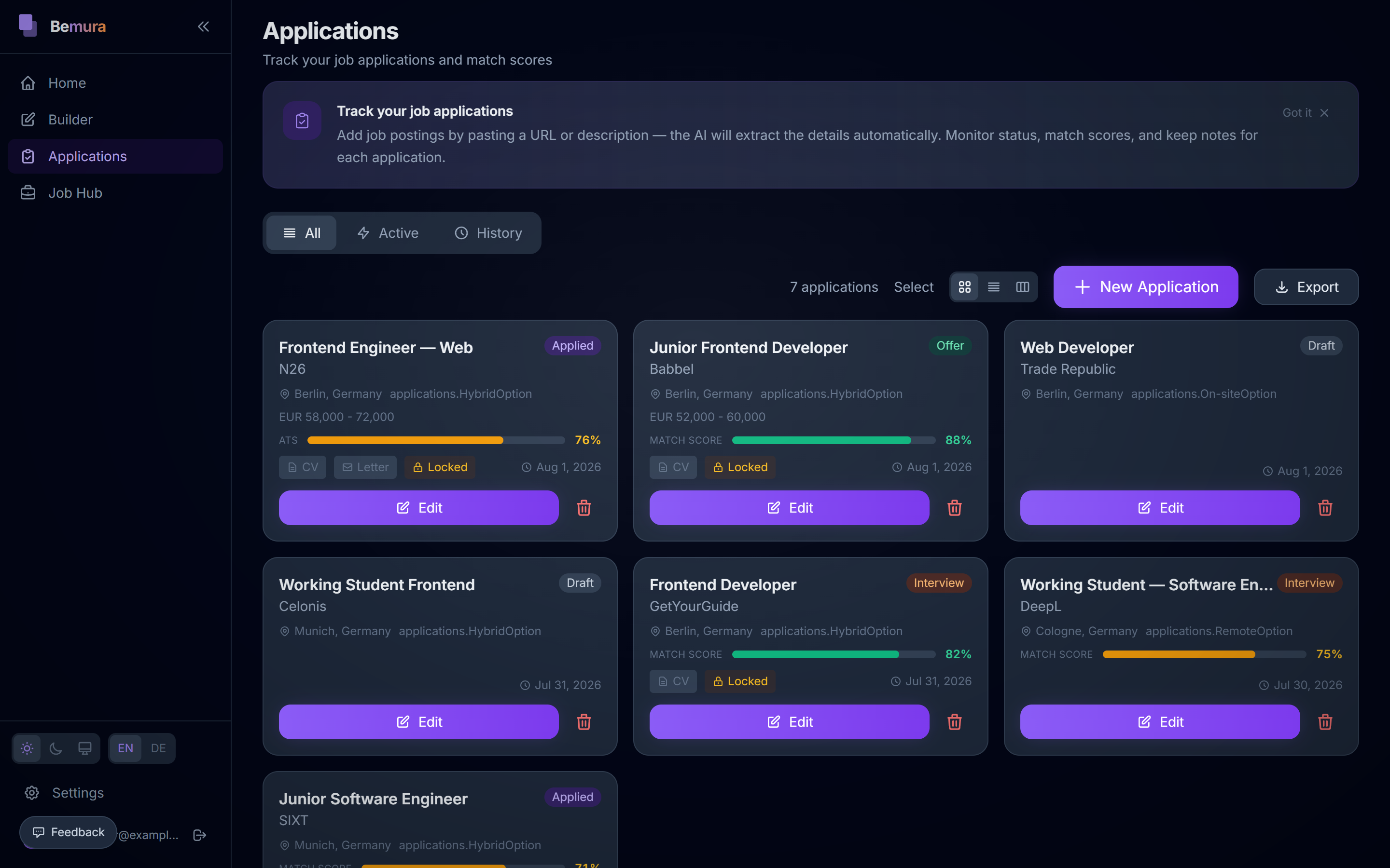 The Bemura application tracker Kanban board with applications in several stages