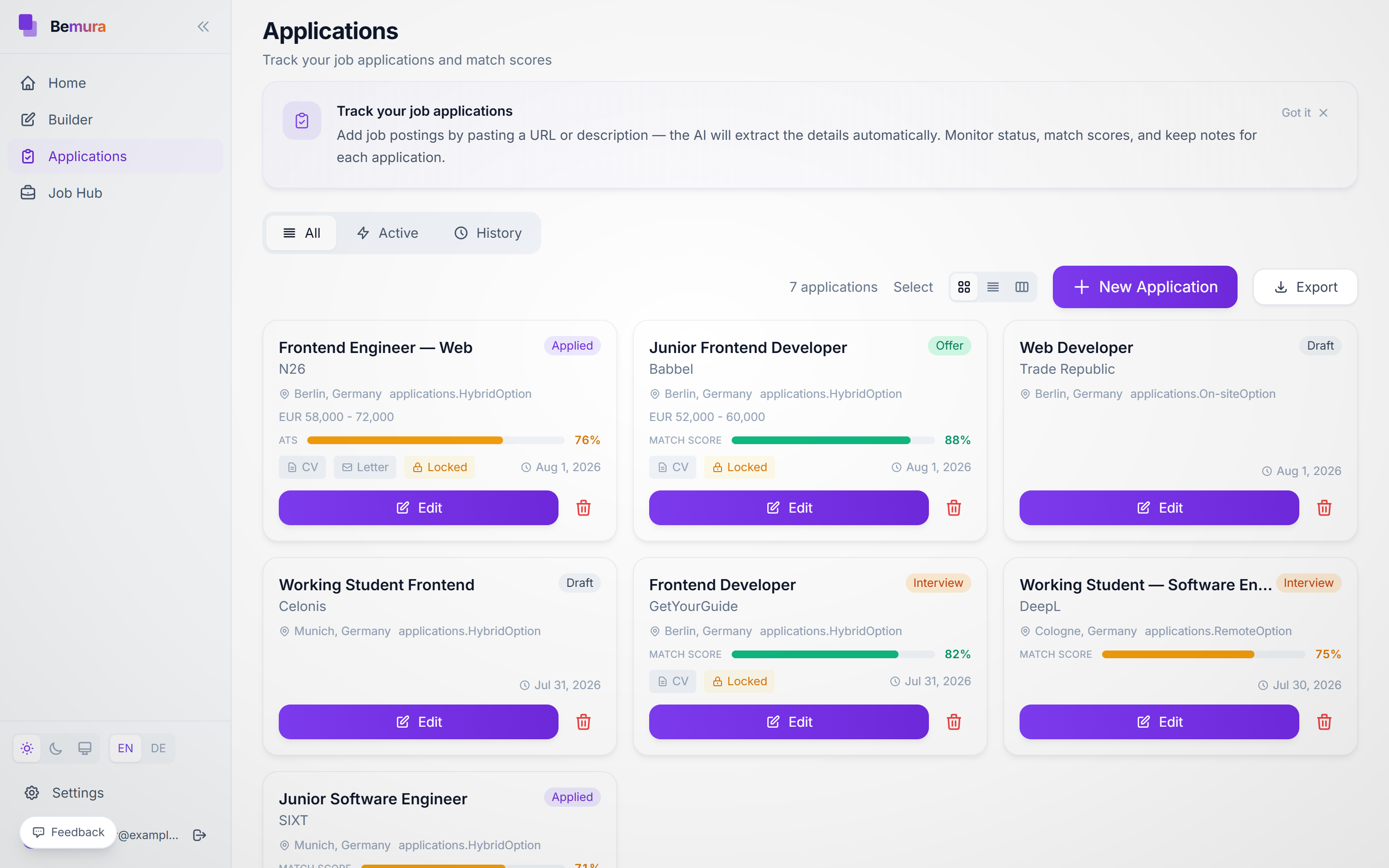The Bemura application tracker Kanban board with applications in several stages